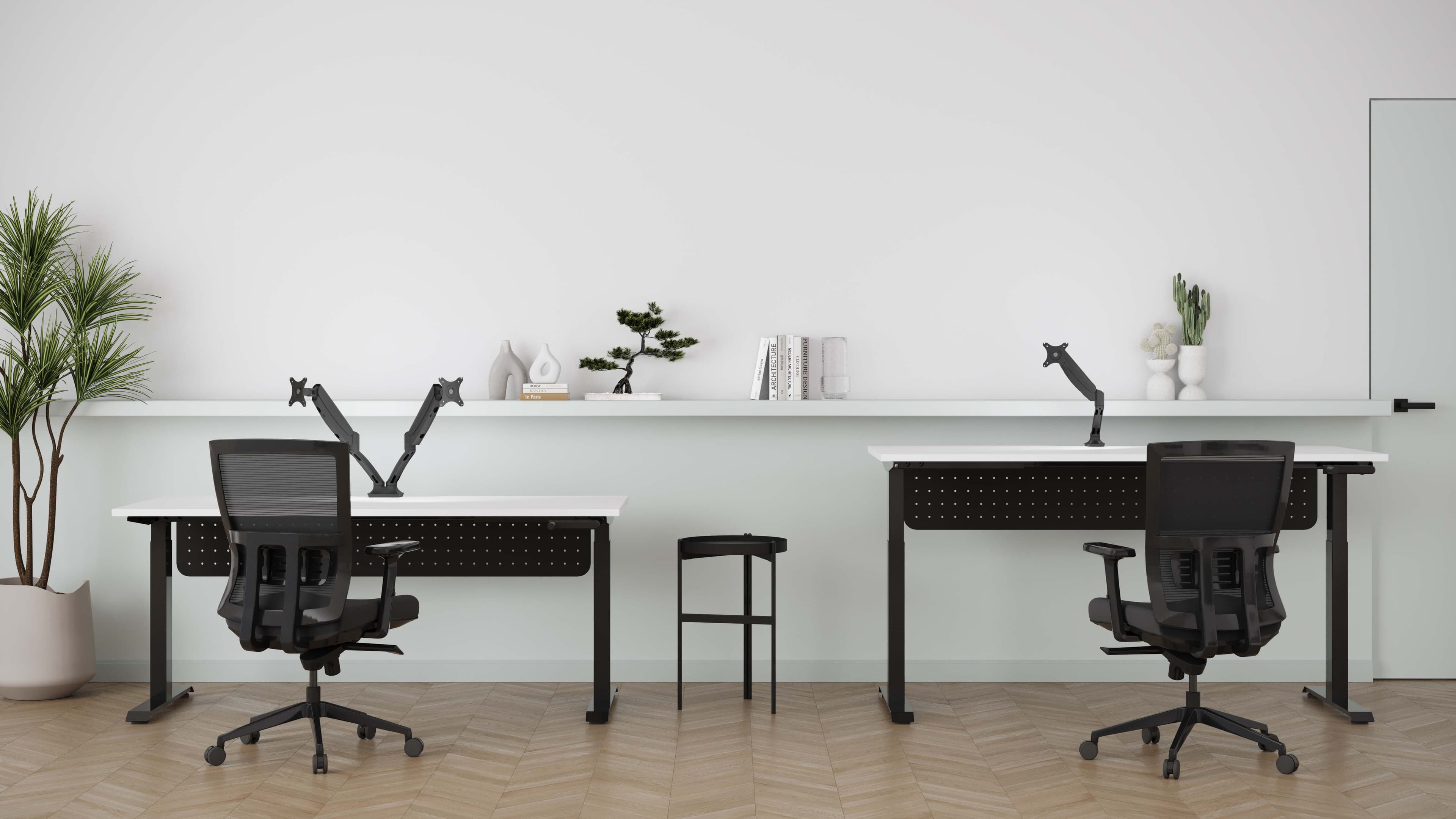 Shared office with coordinated desks, mesh task chairs and individual workstations