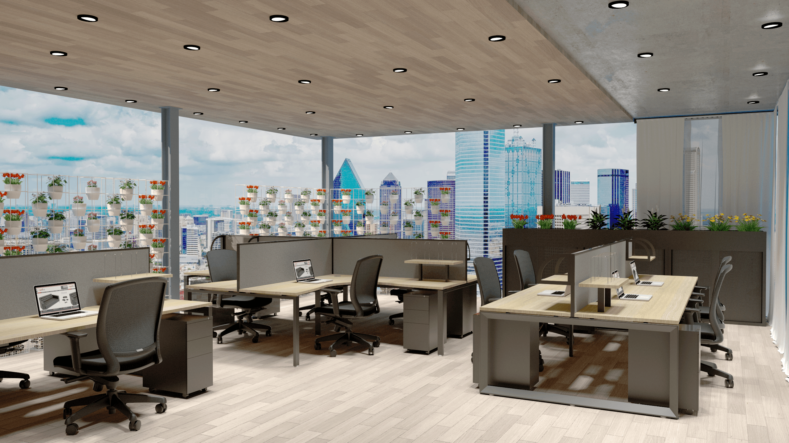 A modern commercial office space furnished with Rapidline desks and ergonomic chairs